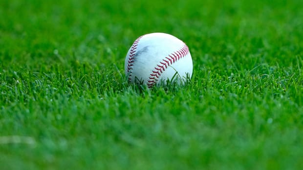 General view of a baseball on the field during the third inning against the Rays at Oriole Park at Camden Yards.